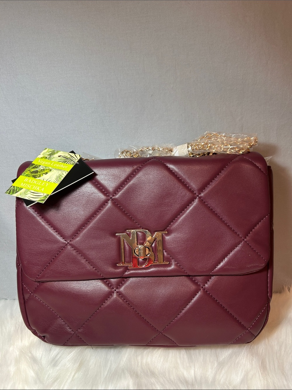 Badgley Mischka Quilted Wine Vegan Leather Crossbody with Gold Chain